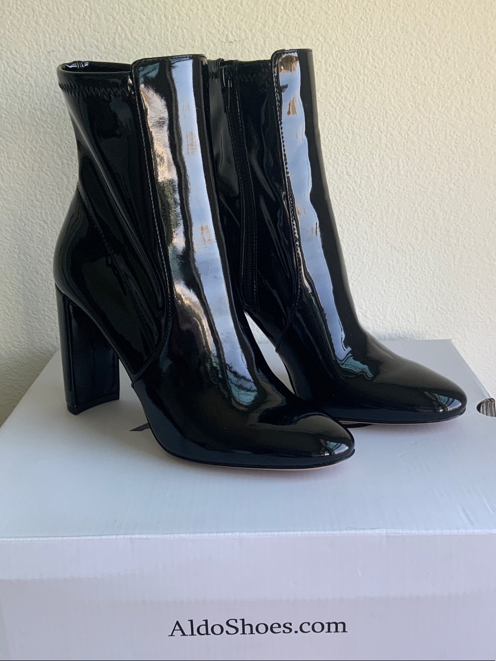 Aldo Black Patent Block Heel Ankle Booties